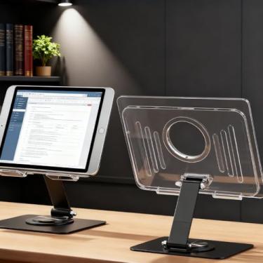 Imagem de Suporte de tablet de acrílico preto, suporte ajustável de rotação de 360° para telefones e tablets, modelo universal de exibição de mesa para escritório em casa