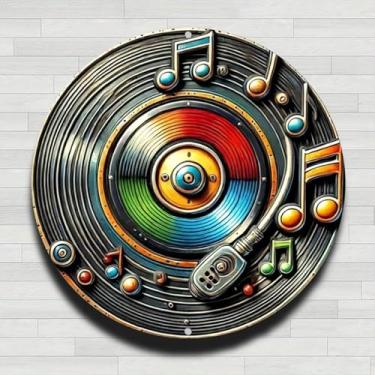 Imagem de Disco de vinil colorido com notas musicais vintage rústico alumínio metal placa de parede redonda, 20 cm presentes internos e externos e decoração para casa, escritório, café e quintal