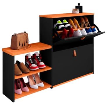Imagem de Sapateira Organizadora Com Prateleira e Gaveta Basculante Hall de Entrada (Vitória Preto com Freijó)