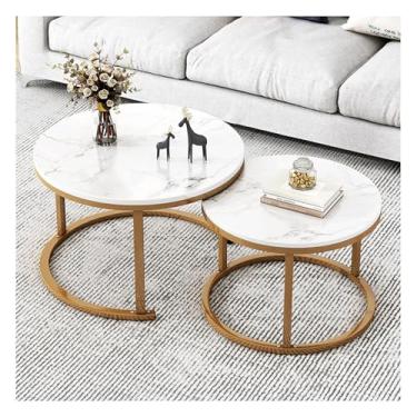 Imagem de HGTRH Mesas redondas modernas, conjunto de 2 mesas de centro com moldura de aço empilhável, padrão de mármore HDF para economia de espaço para sala de estar, quarto, espaço pequeno C