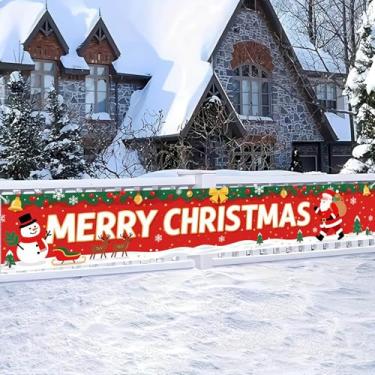 Imagem de HOMETITUTE Faixa de Feliz Natal 118x20 polegadas Papai Noel e boneco de neve pano de fundo vermelho decorações de Natal ao ar livre para quintal cerca varanda festa feriado pendurar na parede inverno