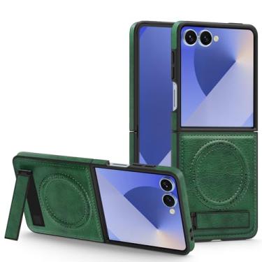 Imagem de Capa de couro com carregamento sem fio para Samsung Galaxy Z Flip 7 6 5 4 3 5g Zflip5 Zflip6 com suporte magnético (para Galaxy Z Flip5/Verde)