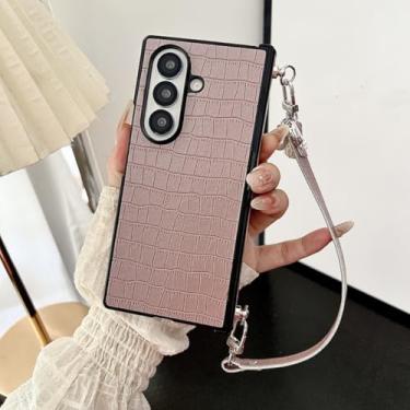 Imagem de Capa de luxo com padrão de pele de crocodilo para Samsung Galaxy Z Fold 7 6 5 4 3 Zfold7 Zfold6 com cordão (para Galaxy Z Fold6/Rosa)