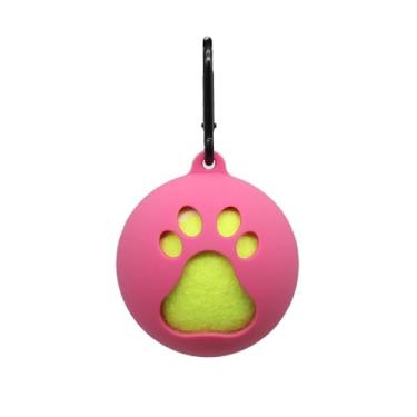 Imagem de PuffySelect Suporte de bola de tênis, para cães e gatos de estimação, design padrão de pata, suporte de bola de silicone, rosa e verde (rosa)