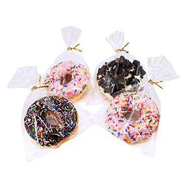 Imagem de Wowfit Sacos de celofane planos transparentes 100 CT 12 x 17 cm com laços dourados de 10 cm, embalagem de violoncelo para donuts, biscoitos, doces e embrulho de presente