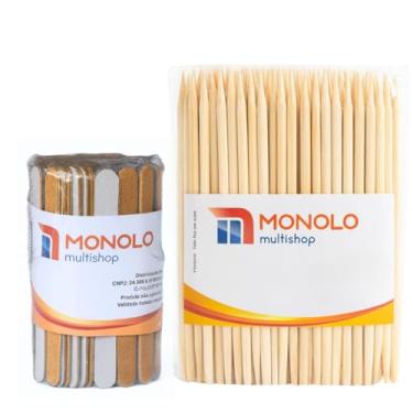 Imagem de Kit 100 Lixas Unha Mini + 100 Palitos Manicure Pedicure Podóloga Descartável Profissional Salão Brinde Marca MONOLO MULTISHOP (Parda)