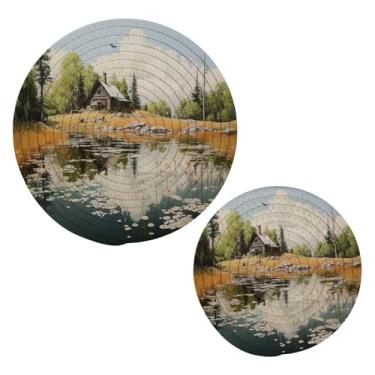 Imagem de Wassud Conjunto de trivet de casa de madeira para pratos quentes, suportes redondos de algodão, almofadas quentes, porta-copos elegantes, decoração de cozinha e acessórios, 2 peças