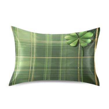 Imagem de Wassud Fronha de cetim com estampa xadrez verde trevos para cabelo e pele fronhas de seda lisa tamanho padrão capas de travesseiro respiráveis