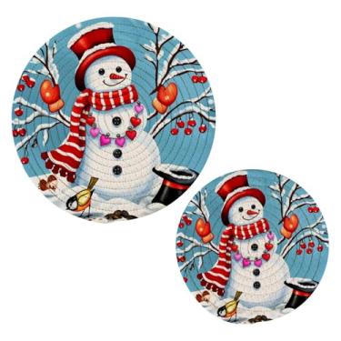 Imagem de Wassud Conjunto de trivet de Natal de boneco de neve para pratos quentes, suportes redondos de algodão, almofadas quentes, porta-copos elegantes, decoração de cozinha e acessórios, 2 peças