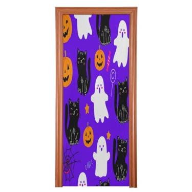 Imagem de Qilmy Decoração de porta de Halloween 89 x 200 cm tecido grande placa de decoração de festa de Halloween para porta da frente Halloween preto gato e abóbora varanda decoração externa parede de janela