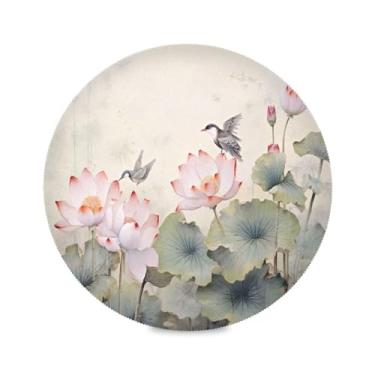 Imagem de Wassud Jogo americano com flores de lótus e pássaros tapetes de mesa redondos para cozinha e jantar tapetes laváveis resistentes ao calor decoração de mesa 39 cm
