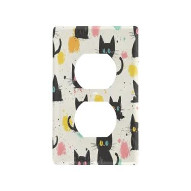 Imagem de Wassud Placa de cobertura para interruptor de luz, desenho animado de gatos pretos, capas de tomada decorativa placa de parede para tomadas elétricas duplex 11 x 6 cm