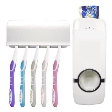 Imagem de Dispenser Automático de Pasta de Dente com Porta Escovas 5 Unidades – Prático e Moderno Fixação em Parede, Higiênico e Prático para Banheiro