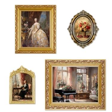 Imagem de Lineshading Conjunto de 4 porta-retratos vintage vitoriano ornamentado em ouro antigo, porta-fotos, tamanhos variados, retangulares, ovais e arqueados, para galeria, parede, mesa, decoração de casa