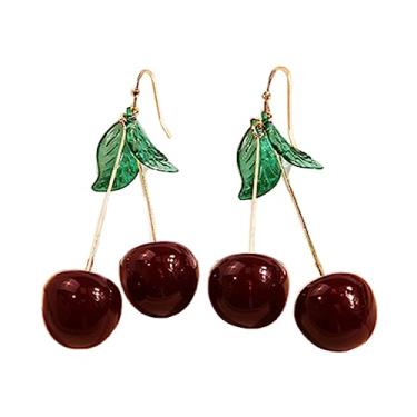 Imagem de Brincos femininos com pingente de cereja vermelha doce - cerejas vermelhas e folhas verdes - joias estéticas de primavera de frutas, Zinco, Metal