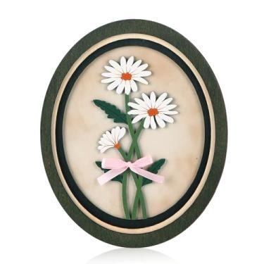 Imagem de Weysat Decoração de quarto de bebê Boho decoração de parede de margarida 3D de madeira com laço rosa, decoração de quarto de berçário de margarida branca vintage para quarto de casa, sala de jantar