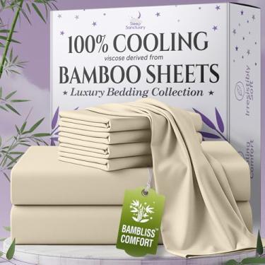 Imagem de SLEEP SANCTUARY Viscose 100% orgânica derivada de lençóis de bambu tamanho casal 6 peças - ultra macio e refrescante, bolso profundo de 43 cm, costura dupla, perfeito para quem dorme quente - Lençóis