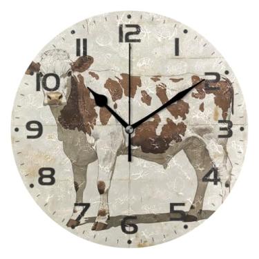Imagem de JUZIHAI Relógio de parede de vaca com estampa marrom branco silencioso, sem tique-taque, relógios de parede redondos operados por bateria, fácil de ler, relógio decorativo de parede para casa, cozinha
