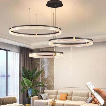 Imagem de Luminárias pendentes modernas e redondas para mesa de jantar, com intensidade regulável, em acrílico preto, para teto interno, ideais para ilha de cozinha, sala de jantar, sala de estar e qu