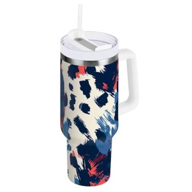 Imagem de ODAWA Copo grande à prova de vazamento, copo abstrato isolado de leopardo a vácuo com alça e tampa de canudo