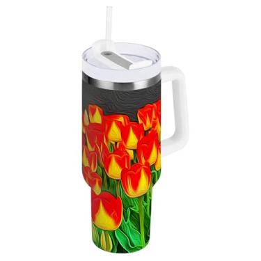 Imagem de ODAWA Copo isolado de outono de 1,134 g com canudo e alça, copo tulipas vibrante à prova de vazamento