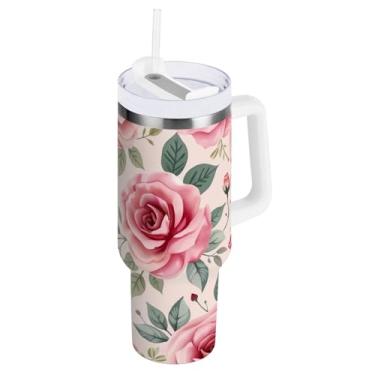 Imagem de ODAWA Copo grande à prova de derramamento com palha, copo de aço inoxidável isolado rosa bege rosa com alça e tampa de canudo