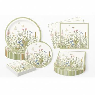 Imagem de Qinyoung 100 peças de pratos e guardanapos de flores silvestres suprimentos de festa descartáveis pratos de papel floral guardanapos flores silvestres decorações de chá de bebê utensílios de mesa para