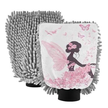 Imagem de ODAWA Luva de lavagem de carro microfibra chenille, luvas de lavagem de carro branco rosa fada para canhão de espuma, pacote com 2, 18 cm x 26 cm