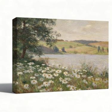 Imagem de Pintura a óleo de paisagem sobre tela, moinho de água por rio com barco a remo, decoração de casa de campo vintage, arte de parede natural embrulhada em galeria para sala de estar, quarto, 20 x 25 cm