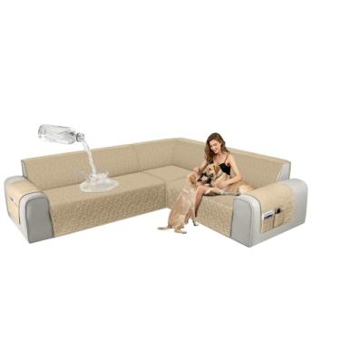 Imagem de ALIECOM Capas de sofá seccionais de canto, à prova d'água, laváveis, em forma de L, protetora, geométrica, jacquard, capa de móveis, com alça ajustável para cães de estimação (GG, bege)