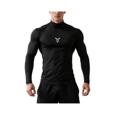 Imagem de Camiseta De Treino Masculina Branca De Compressão Com Gola Alta E Mang