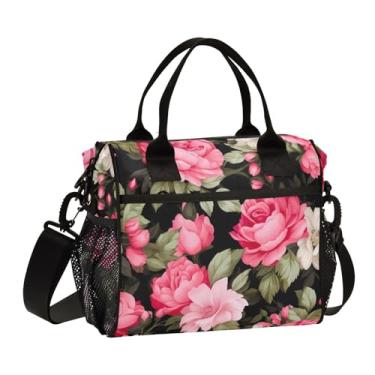 Imagem de GAIGEO Lancheira floral rosa rosa e folhas em preto isolado, lancheira isolada com bolsos, lancheira para escola, M