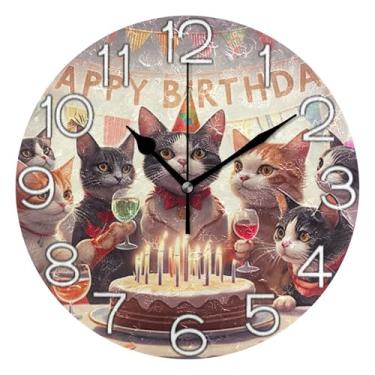 Imagem de GAIGEO Relógio de parede analógico decorativo operado por bateria relógio de sala de aula, sala de estar, decoração de parede moderna, balão de festa de aniversário de gato festivo, 25 cm, ponteiros