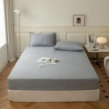 Imagem de Protetor de colchão em algodão lavado com elástico, cor sólida, macio e confortável, para camas tamanho Queen e King, 9 polegadas (150 x 200 x 25 cm), 1 peça.