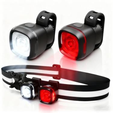Imagem de Conjunto de mini luzes pretas para bicicleta, impermeável IPX6, recarregável tipo C, adequado para passeios noturnos, dianteiro e traseiro, lanterna traseira de farol para homens, mulheres e crianças