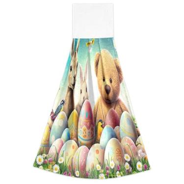 Imagem de Toalhas de mão com laço para pendurar, conjunto de 2 toalhas de casa de banho de animais de coelho, urso da Páscoa, macio, absorvente, fofo, toalha de secagem, 46 x 35 cm