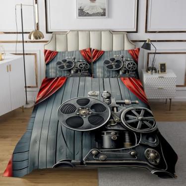 Imagem de Homewish Conjunto de cama solteiro com projetor de filme, tema de filme retrô, 2 peças, conjunto de edredom de cinema vintage dos anos 70 para decoração de quarto de crianças, adolescentes, mulheres