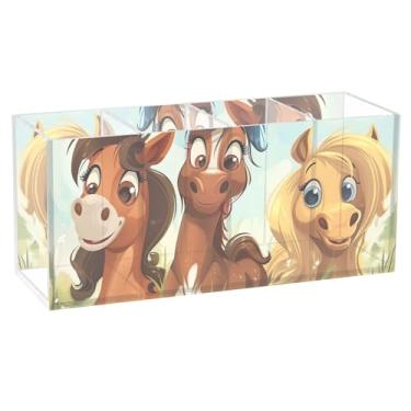 Imagem de TSENQUE Porta-canetas colorido personalizado para mesa, desenho animado, cavalos, escritório, suporte de acrílico para copos de lápis