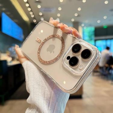 Imagem de Capa magnética transparente com alça de pulso para iPhone 14, 15, 16 Plus, 11, 12, 13, 16 Pro Max, capa transparente com glitter brilhante, dourada, para iPhone 12