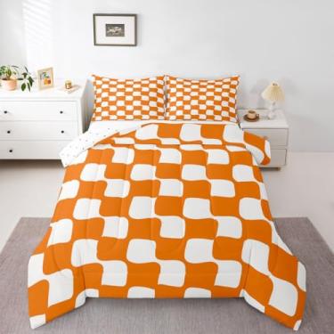 Imagem de jejeloiu Jogo de cama solteiro quadriculado, xadrez, búfalo, para crianças, meninos, meninas, laranja, branco, geométrico, decoração de quarto de microfibra, 2 peças com 1 fronha