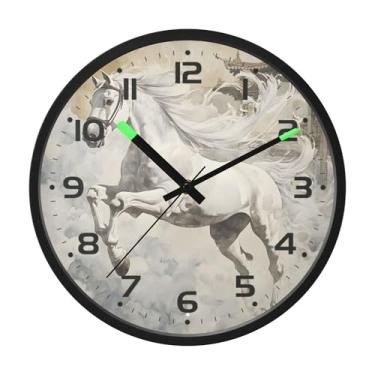 Imagem de SEHANY Relógio de parede artístico majestoso cavalos silencioso, sem tique-taque, relógio redondo operado por bateria, controle de som, luz noturna, relógios de parede para sala de estar, cozinha