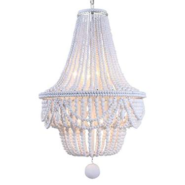 Imagem de Lustre de madeira com contas, 8 lâmpadas, lustre de teto estilo boho com contas de madeira e metal, luminária pendente para decoração de casa.