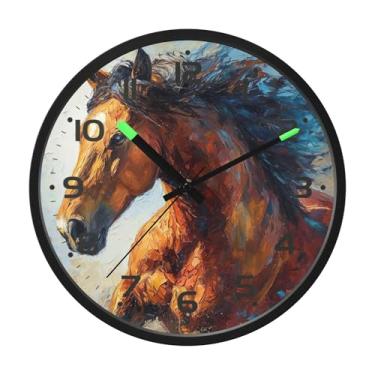 Imagem de SEHANY Relógio de parede artístico majestoso cavalos silencioso, sem tique-taque, relógio redondo operado por bateria, controle de som, luz noturna, relógios de parede para sala de estar, cozinha