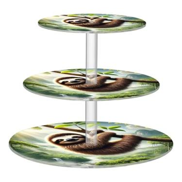 Imagem de Suporte de cupcake de 3 níveis para chá de preguiça relaxado, para pendurar na selva, copo de acrílico, torre de bolo, decoração de festa de chá, bandeja de servir, suporte de comida com estampa de