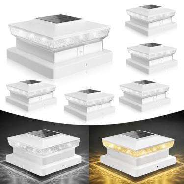 Imagem de VOLISUN Luzes de poste solar, luzes IP64 à prova d'água movidas a energia solar para postes de madeira/vinil 4 x 4 e 5 x 5. Modos de cor dupla com lente de cristal fosco (pacote com 6 branco)