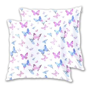 Imagem de Joitme Conjunto de 2 capas de almofadas brancas com borboletas azuis e rosas em aquarela, almofadas de sofá cama grandes para sala de estar, 50 x 50 cm, 2 peças