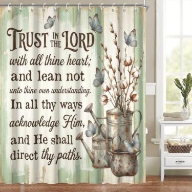 Imagem de Cortina de chuveiro com versículo bíblico borboletas algodão retrô pote de ferro clássico citação inspiradora cortina de banho escritura cristã cortinas de banheira lavável tecido de poliéster