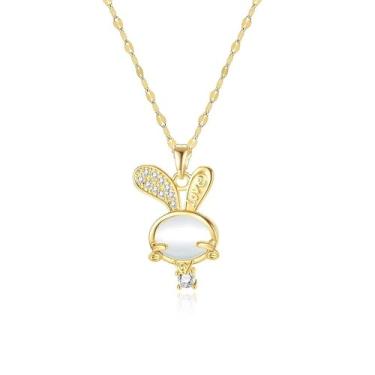 Imagem de Dtja Colar feminino com pingente de olho de gato de coelho fofo banhado a ouro com corrente de elos de animal de coelhinho de cristal ajustável, joia de aniversário de Páscoa, aniversário de 45,7 cm