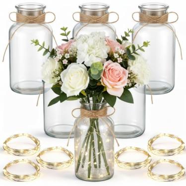 Imagem de LemonRoad Conjunto de 6 vasos de flores de vidro vintage para centros de mesa com luzes de fadas vasos transparentes operados por bateria para fazenda, Natal, casamentos, festas, decoração de mesa de