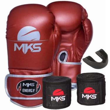 Imagem de KIt Luva Boxe Muay Thai New Energy Vermelho Metálico + Bandagem + Protetor Bucal - Mks Combat (16oz)